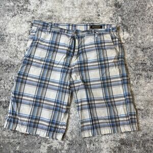 Jercho Mens Plaid Shorts Blue Grey White Size 36 Casual Summer Cargo Style